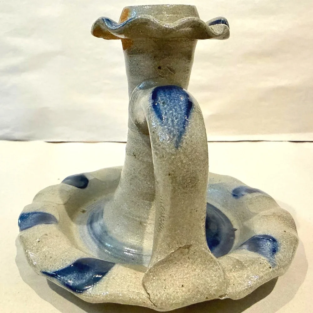 Rowe Pottery Works 1992 Salt Glaze Chamber Stick Candleholder Cobalt Floral